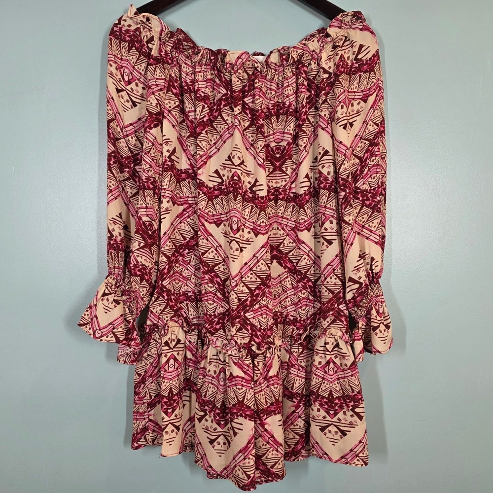 Stone Cold Fox Silk Off Shoulder Mini Dress Geometric Print‎ Burgundy Pink XS/S